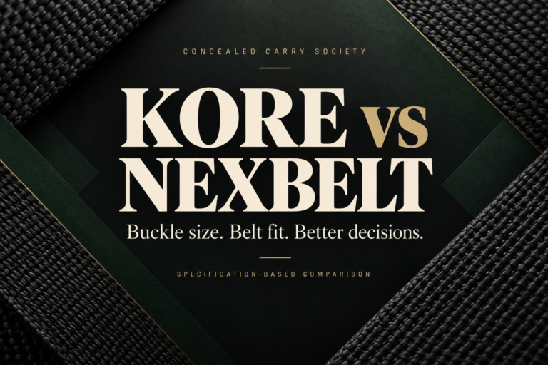 Kore vs Nexbelt: buckle size, belt fit, and buying decisions. Editorial comparison cover.