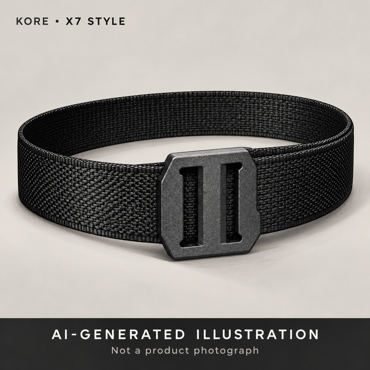 AI-generated illustration of a black nylon belt with an X7-style buckle; not a product photograph.