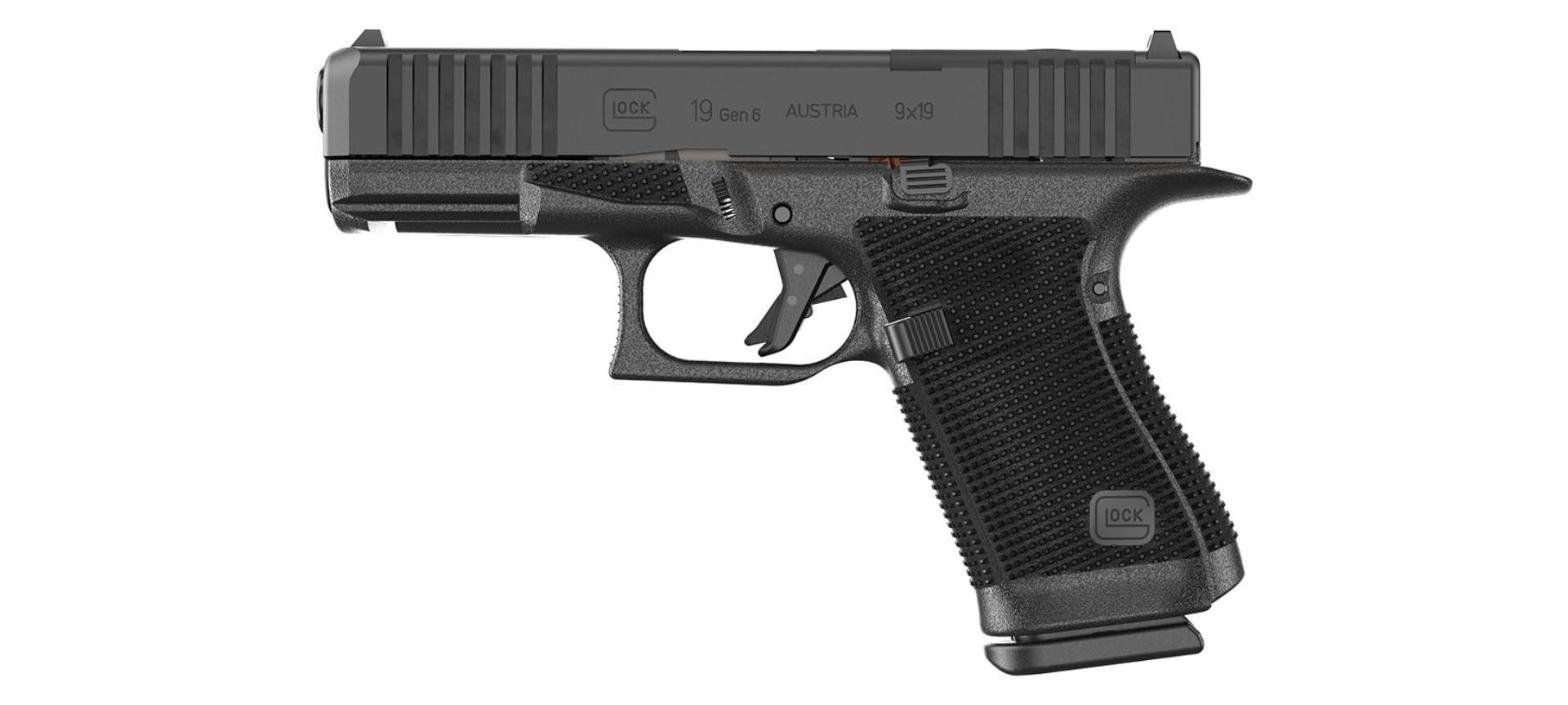 Glock 19 Gen 6 9mm pistol, left side, showing the flat-faced trigger and new grip texture