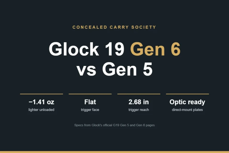 Glock 19 Gen 6 vs Gen 5: 1.41 oz lighter unloaded, flat trigger face, 2.68 in trigger reach, optic ready