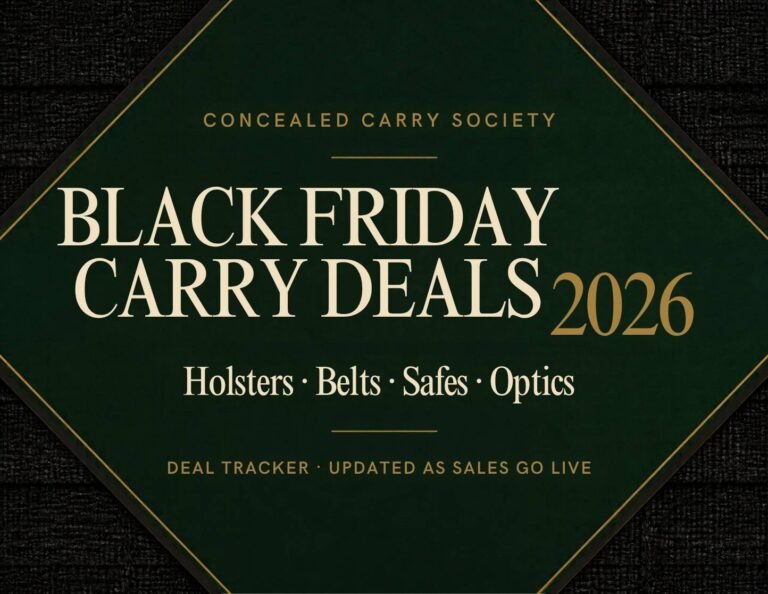 Black Friday Concealed Carry Deals 2026 — holsters, belts, safes and optics deal tracker. Editorial cover.