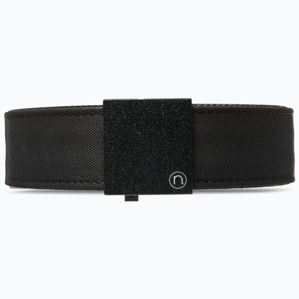 Nexbelt Supreme Black EDC belt with compact black buckle, front view.